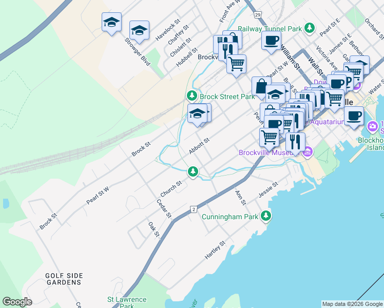 map of restaurants, bars, coffee shops, grocery stores, and more near 121 Abbott Street in Brockville