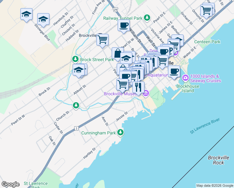 map of restaurants, bars, coffee shops, grocery stores, and more near in Brockville