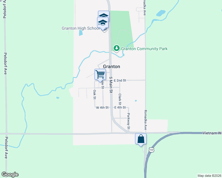 map of restaurants, bars, coffee shops, grocery stores, and more near 317 South Main Street in Granton