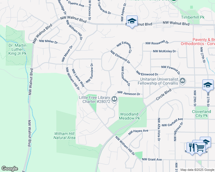 map of restaurants, bars, coffee shops, grocery stores, and more near 3917 Northwest Jameson Drive in Corvallis
