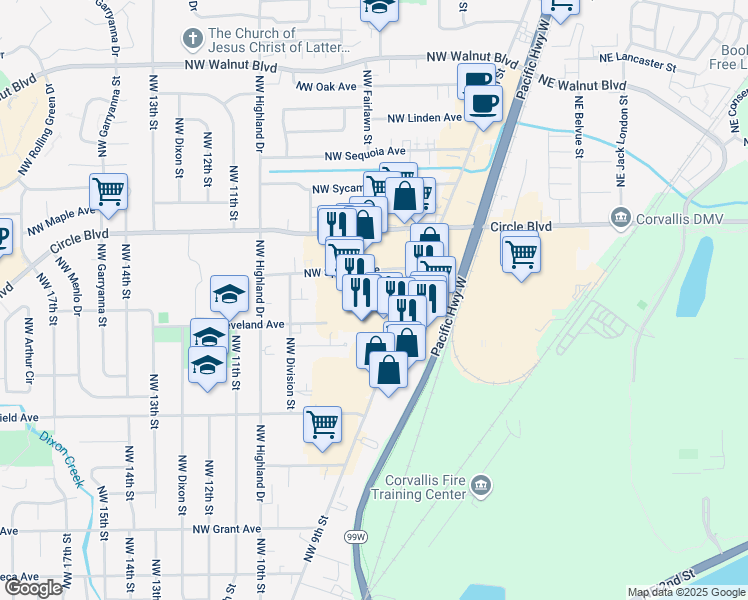 map of restaurants, bars, coffee shops, grocery stores, and more near 1860 Northwest 9th Street in Corvallis