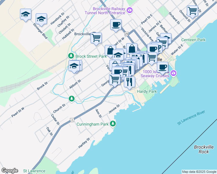 map of restaurants, bars, coffee shops, grocery stores, and more near in Brockville