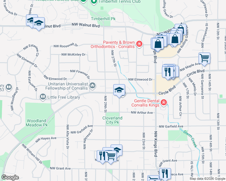 map of restaurants, bars, coffee shops, grocery stores, and more near 2765 Northwest Circle Boulevard in Corvallis