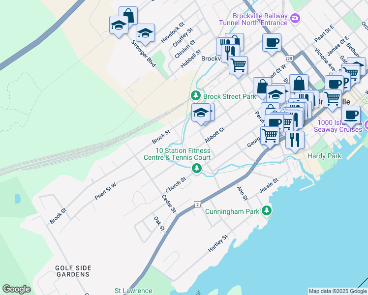 map of restaurants, bars, coffee shops, grocery stores, and more near 8 Elm Street in Brockville