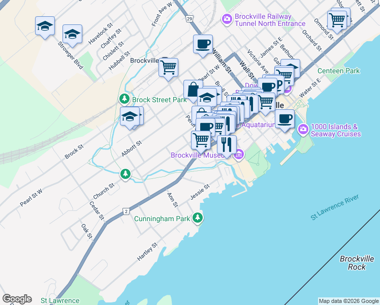 map of restaurants, bars, coffee shops, grocery stores, and more near in Brockville