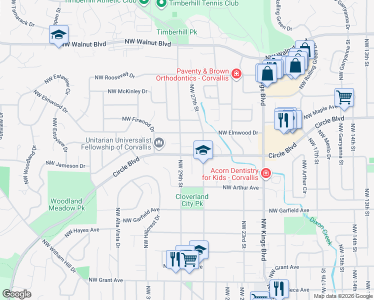 map of restaurants, bars, coffee shops, grocery stores, and more near 1845 Northwest Circle Place in Corvallis