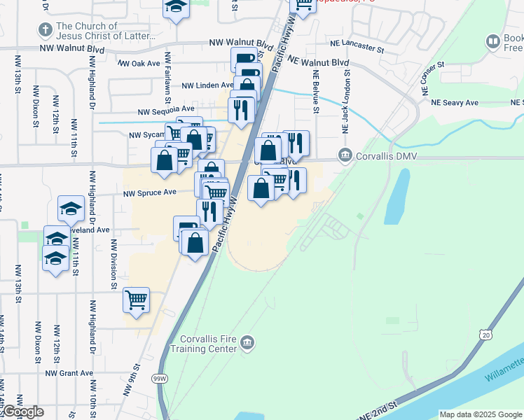 map of restaurants, bars, coffee shops, grocery stores, and more near 594 Northeast Circle Boulevard in Corvallis