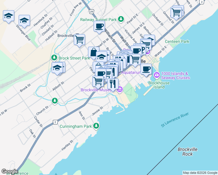 map of restaurants, bars, coffee shops, grocery stores, and more near in Brockville