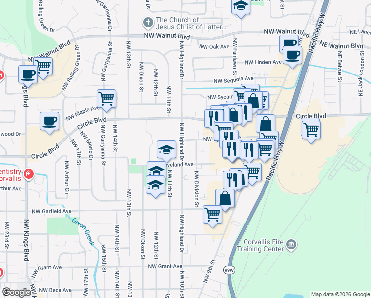 map of restaurants, bars, coffee shops, grocery stores, and more near 1847 Northwest Highland Drive in Corvallis