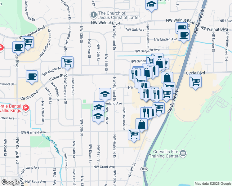 map of restaurants, bars, coffee shops, grocery stores, and more near 1849 Northwest Highland Drive in Corvallis