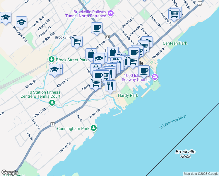map of restaurants, bars, coffee shops, grocery stores, and more near 11 John Street in Brockville