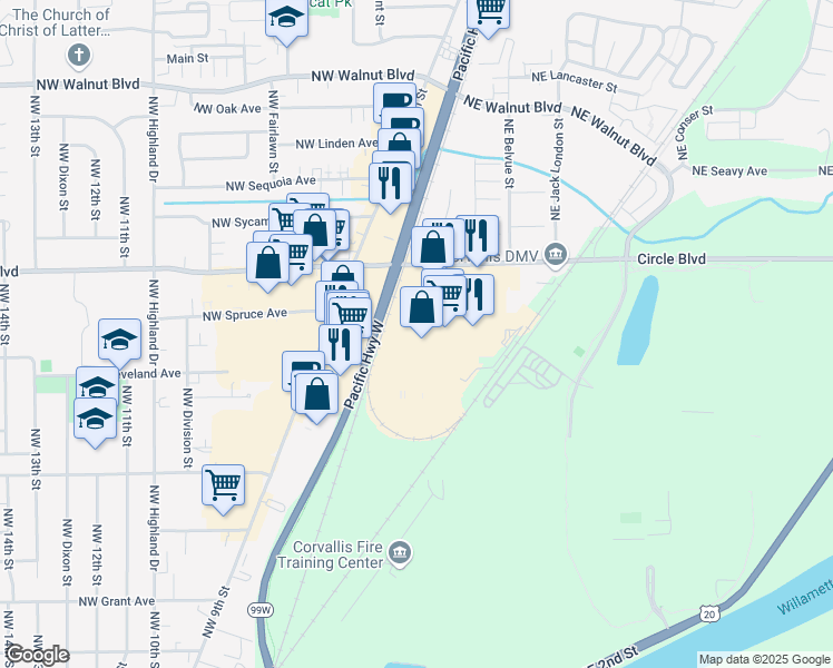 map of restaurants, bars, coffee shops, grocery stores, and more near in Corvallis