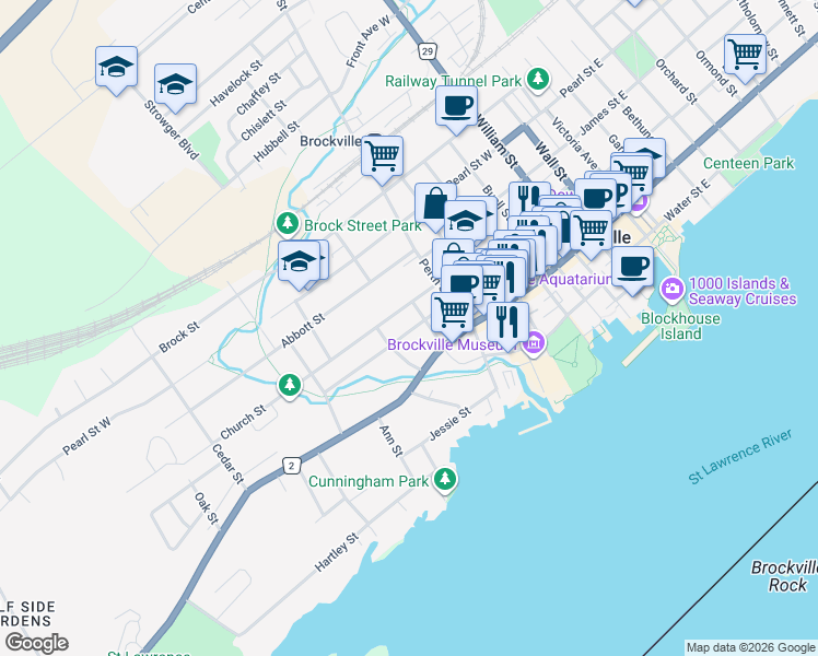 map of restaurants, bars, coffee shops, grocery stores, and more near 134 George Street in Brockville