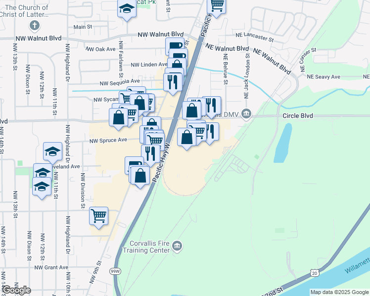 map of restaurants, bars, coffee shops, grocery stores, and more near 590 To 594 Northeast Circle Boulevard in Corvallis