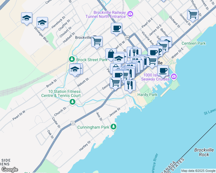 map of restaurants, bars, coffee shops, grocery stores, and more near in Brockville