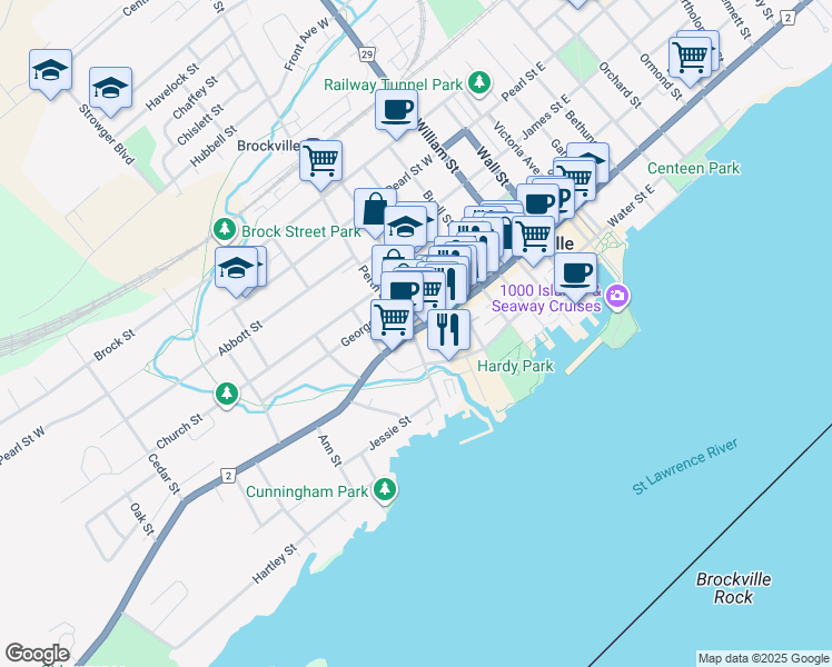 map of restaurants, bars, coffee shops, grocery stores, and more near 223 King Street West in Brockville