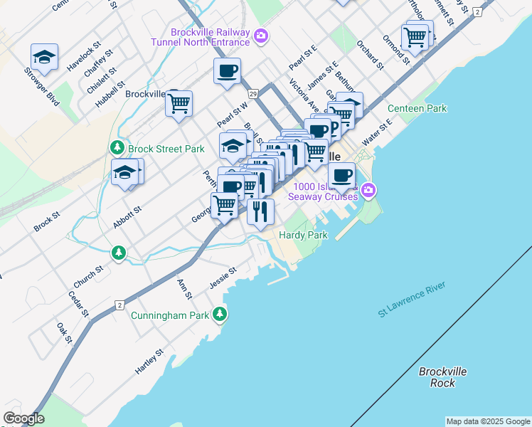 map of restaurants, bars, coffee shops, grocery stores, and more near 12 Halliday Street in Brockville
