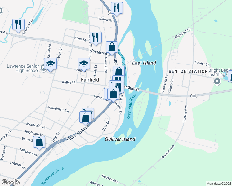 map of restaurants, bars, coffee shops, grocery stores, and more near 165 Main Street in Fairfield