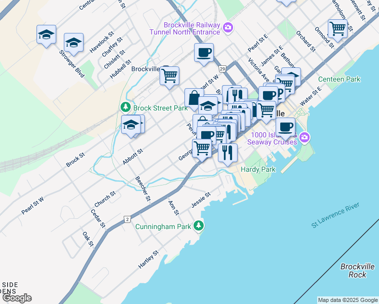 map of restaurants, bars, coffee shops, grocery stores, and more near 20 Clarissa Street in Brockville