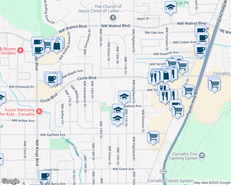 map of restaurants, bars, coffee shops, grocery stores, and more near 1111 NW Cleveland Ave in Corvallis