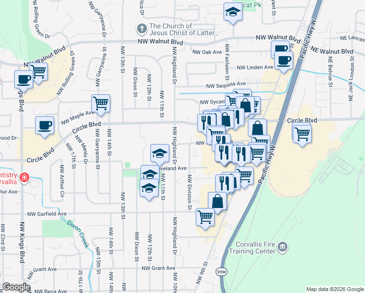 map of restaurants, bars, coffee shops, grocery stores, and more near 990 Northwest Spruce Avenue in Corvallis