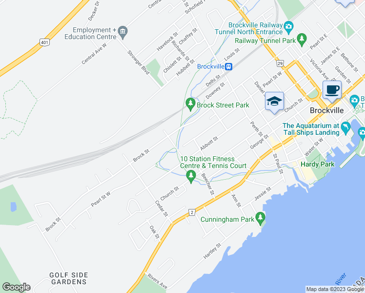 map of restaurants, bars, coffee shops, grocery stores, and more near Pearl Street West in Brockville