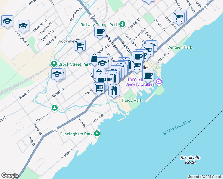 map of restaurants, bars, coffee shops, grocery stores, and more near 23 John Street in Brockville
