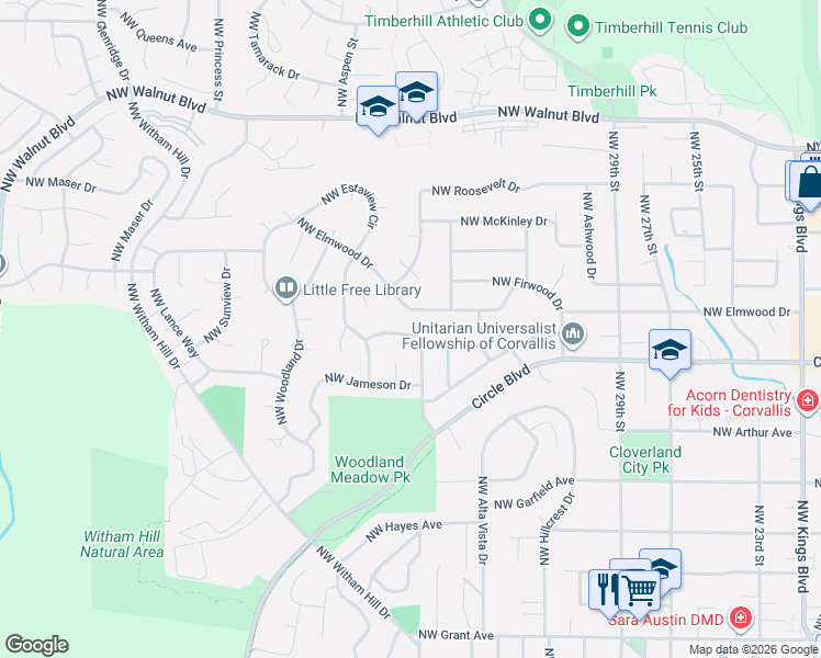 map of restaurants, bars, coffee shops, grocery stores, and more near 3620 Northwest Elmwood Drive in Corvallis