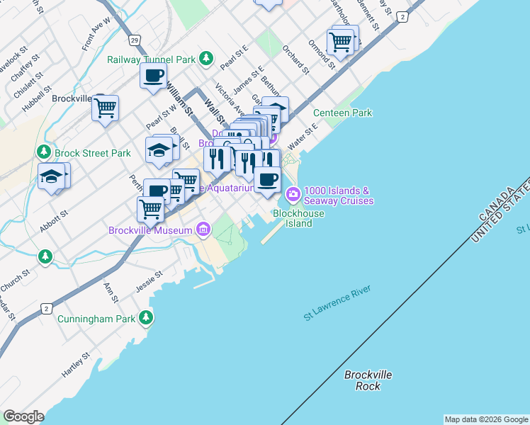 map of restaurants, bars, coffee shops, grocery stores, and more near in Brockville