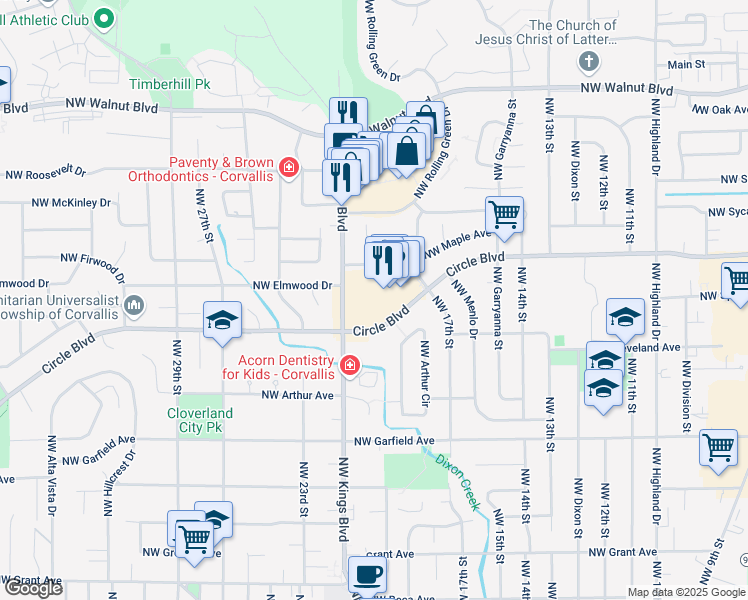 map of restaurants, bars, coffee shops, grocery stores, and more near 1935 Northwest Kings Boulevard in Corvallis