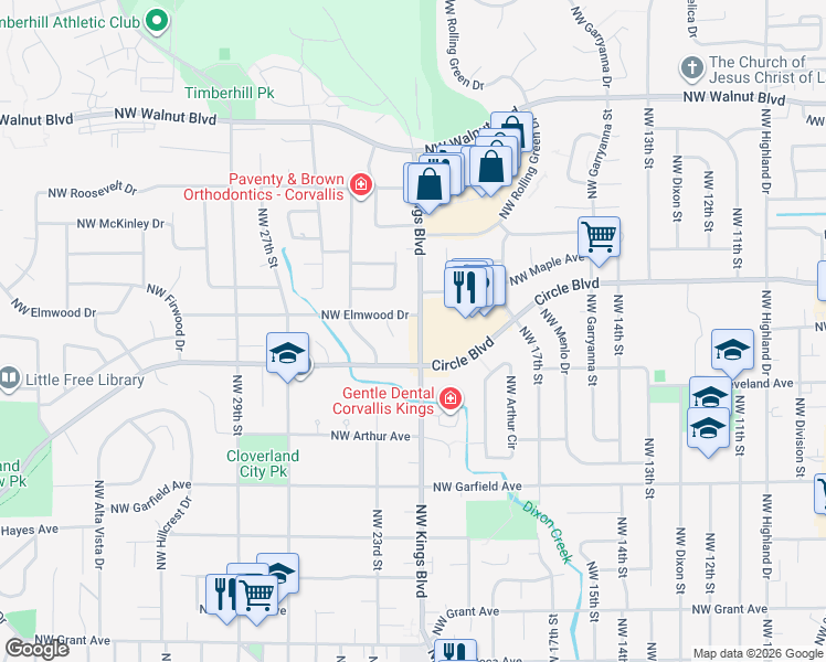 map of restaurants, bars, coffee shops, grocery stores, and more near 1930 Northwest Kings Boulevard in Corvallis