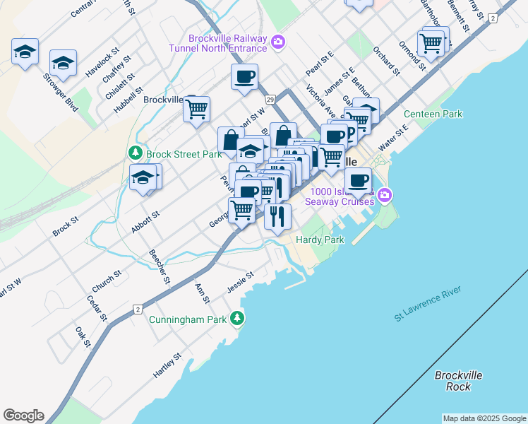map of restaurants, bars, coffee shops, grocery stores, and more near 220 King Street West in Brockville
