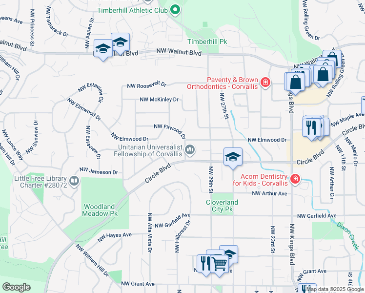 map of restaurants, bars, coffee shops, grocery stores, and more near 3004 Northwest Firwood Drive in Corvallis