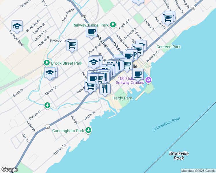 map of restaurants, bars, coffee shops, grocery stores, and more near 22 Kincaid Street in Brockville