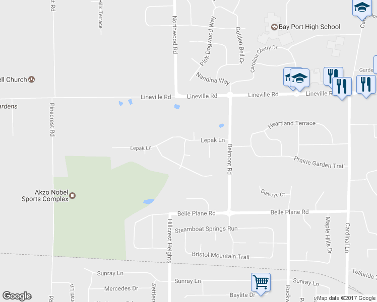 map of restaurants, bars, coffee shops, grocery stores, and more near 2956 Lost Valley Court in Green Bay