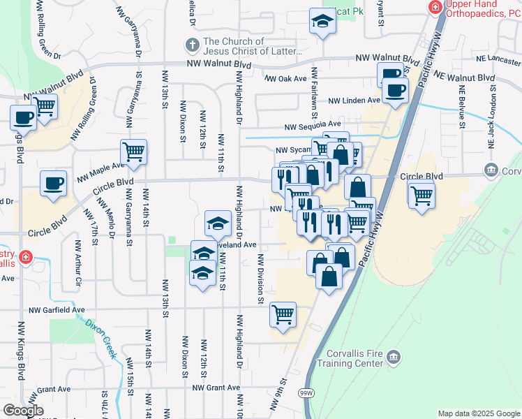 map of restaurants, bars, coffee shops, grocery stores, and more near 983 Northwest Spruce Avenue in Corvallis