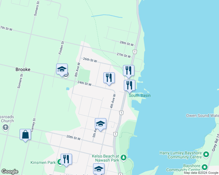 map of restaurants, bars, coffee shops, grocery stores, and more near 470 24th Street West in Owen Sound