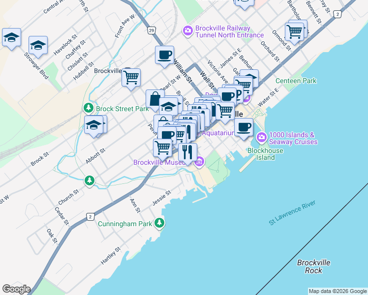 map of restaurants, bars, coffee shops, grocery stores, and more near 187 King Street West in Brockville