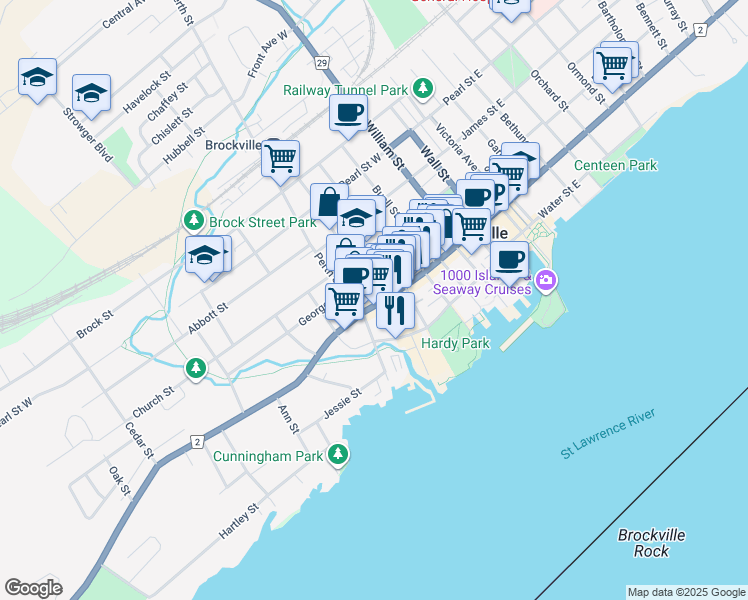 map of restaurants, bars, coffee shops, grocery stores, and more near 220 King Street West in Brockville