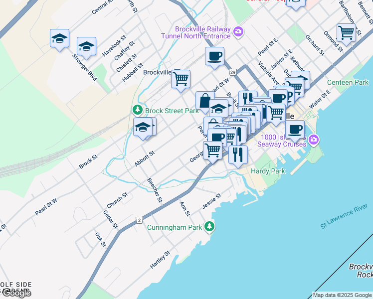 map of restaurants, bars, coffee shops, grocery stores, and more near 138 Church Street in Brockville