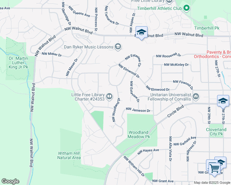 map of restaurants, bars, coffee shops, grocery stores, and more near 1924 Northwest Woodland Drive in Corvallis