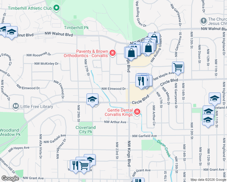 map of restaurants, bars, coffee shops, grocery stores, and more near 2220 Northwest Elmwood Drive in Corvallis