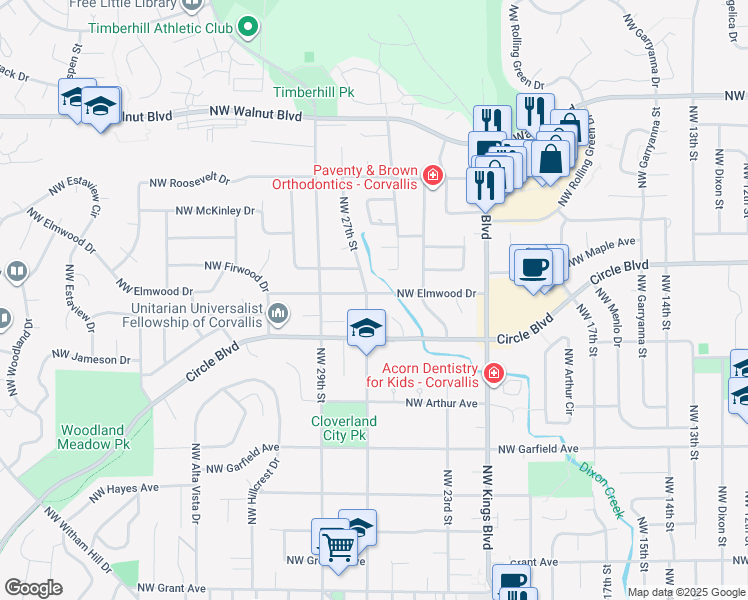 map of restaurants, bars, coffee shops, grocery stores, and more near 2620 Northwest Elmwood Drive in Corvallis