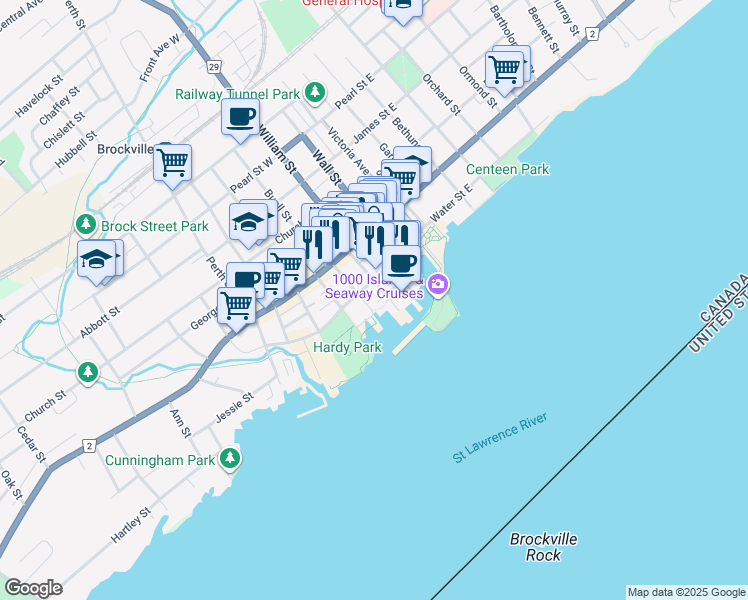 map of restaurants, bars, coffee shops, grocery stores, and more near 3 Apple Street in Brockville