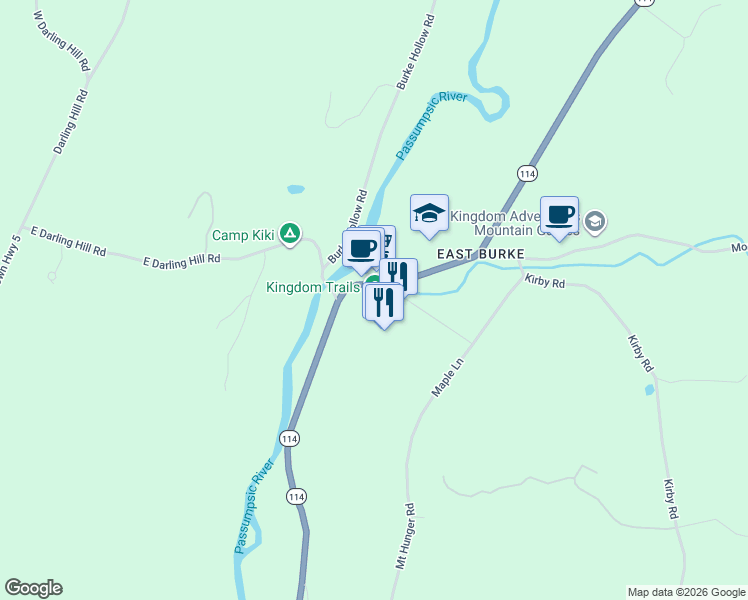 map of restaurants, bars, coffee shops, grocery stores, and more near 478 Vermont 114 in Burke