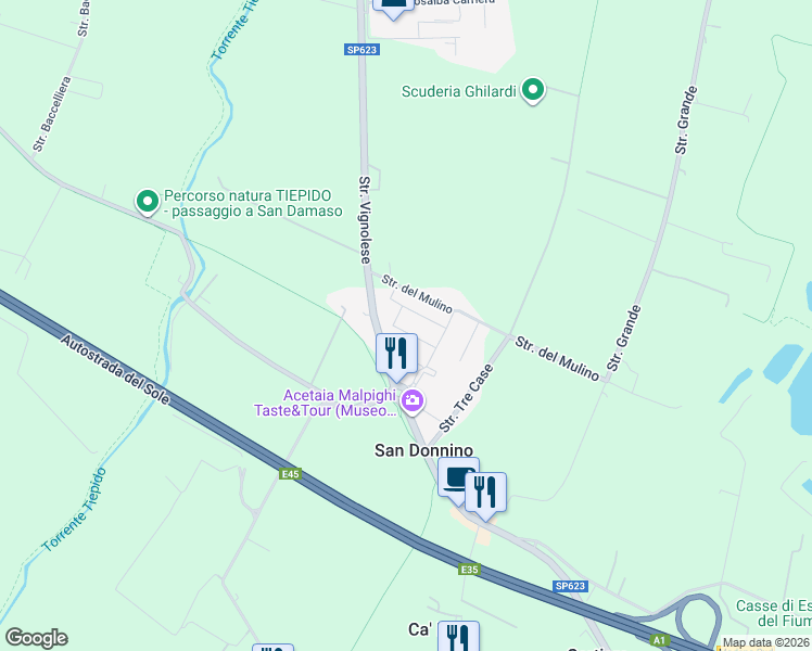 map of restaurants, bars, coffee shops, grocery stores, and more near 8 Via del Biancospino in San Donnino