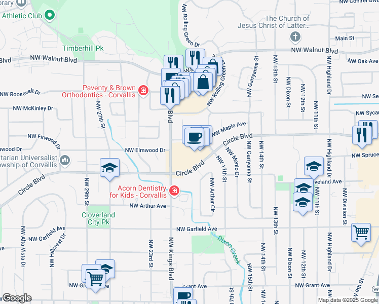 map of restaurants, bars, coffee shops, grocery stores, and more near 1935 Northwest Kings Boulevard in Corvallis