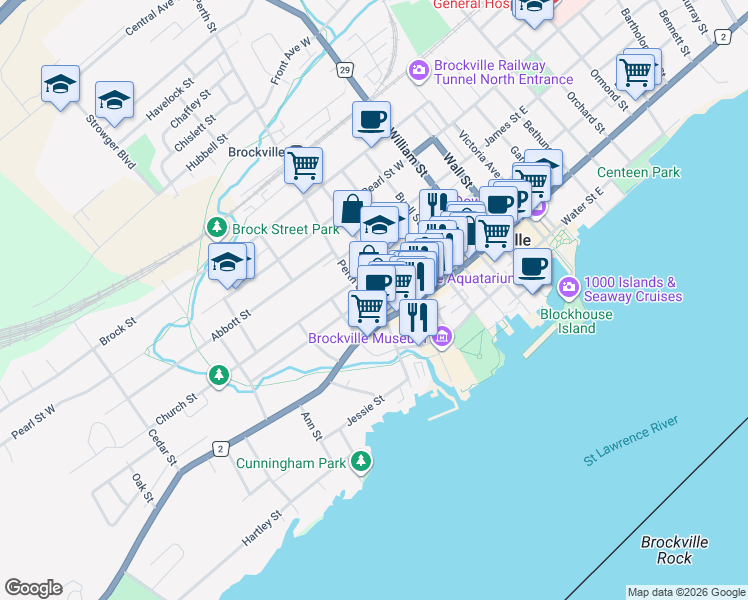 map of restaurants, bars, coffee shops, grocery stores, and more near 21 Perth Street in Brockville