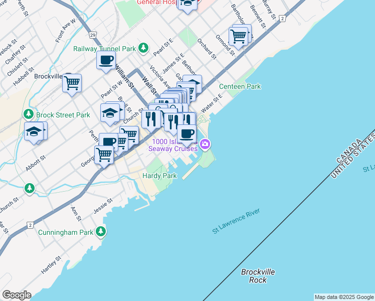 map of restaurants, bars, coffee shops, grocery stores, and more near 6 Broad Street in Brockville