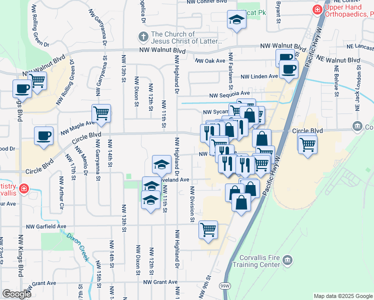 map of restaurants, bars, coffee shops, grocery stores, and more near 983 Northwest Spruce Avenue in Corvallis